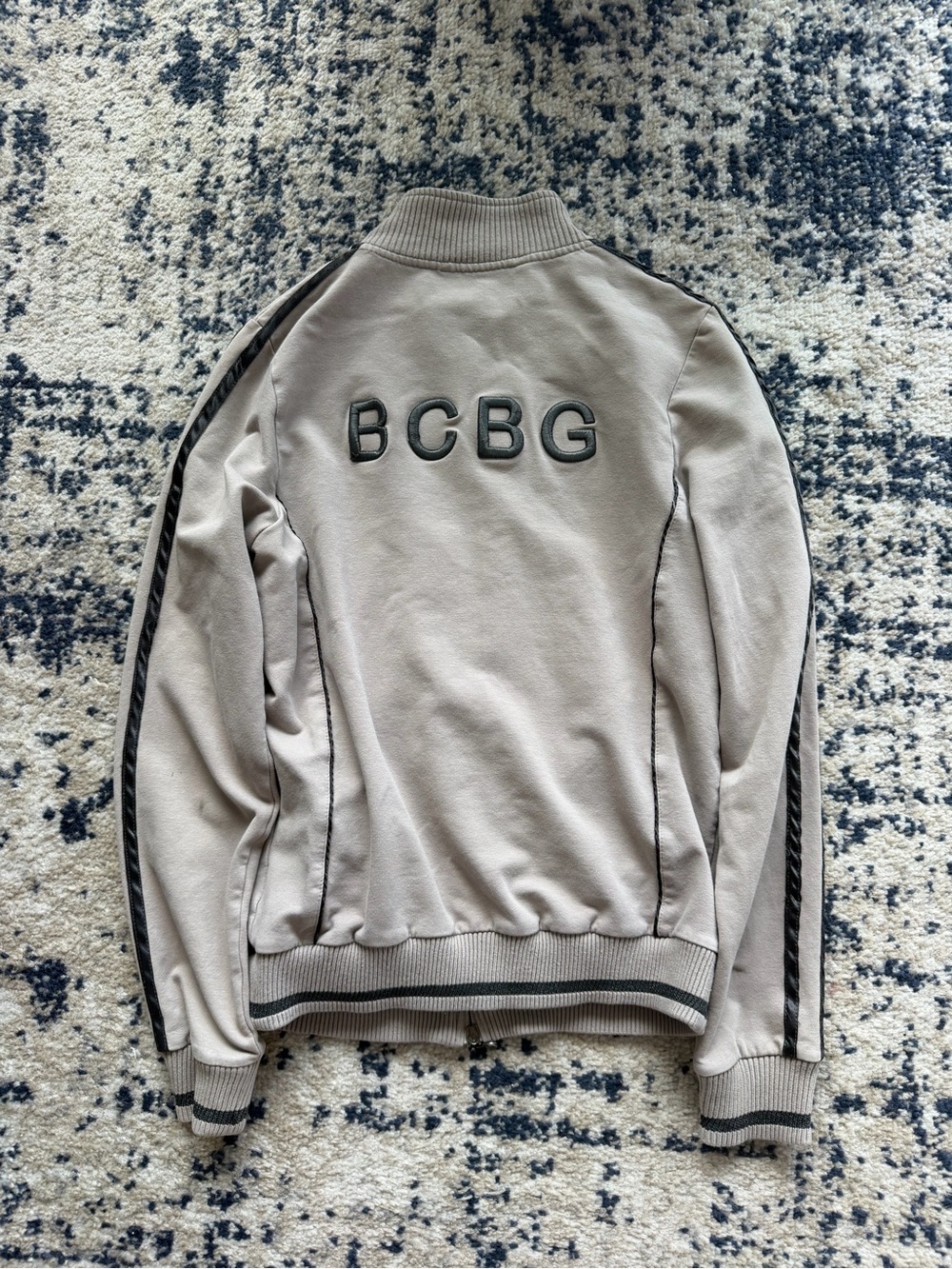 BCBG Neutral Taupe Bomber Jacket with Black Trim